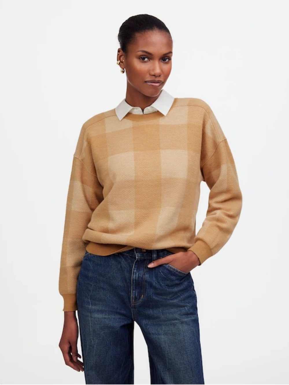 Madewell Merino Wool Pullover Sweater M Camel Check Plaid Preppy Cozy Cabin